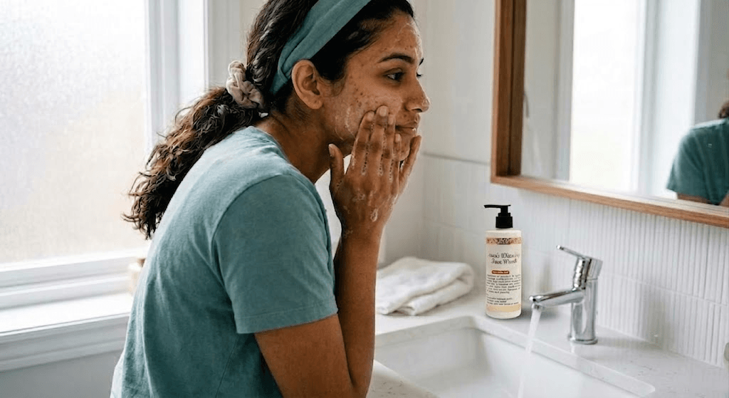 Washing face with cleanser for pimples