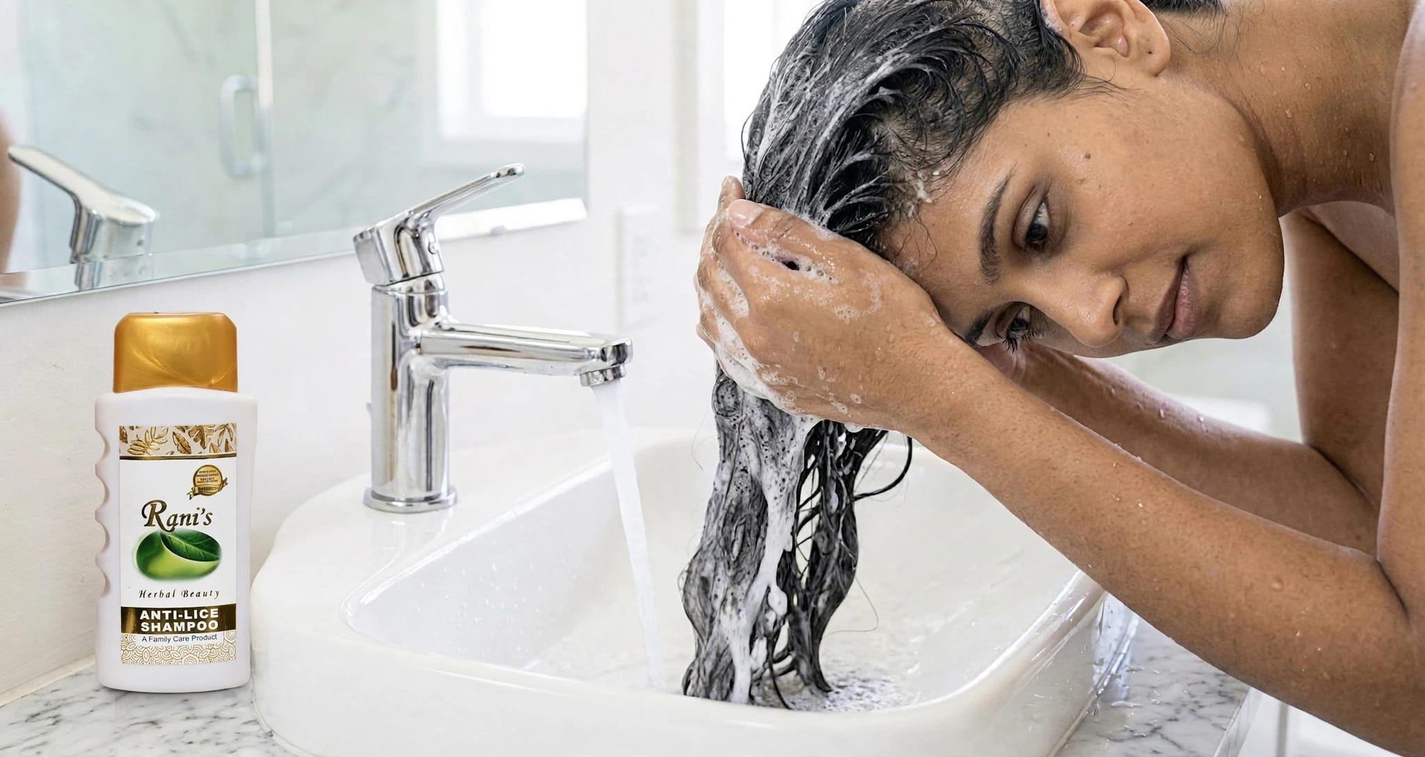 Rinsing anti-lice shampoo from hair at wash basin