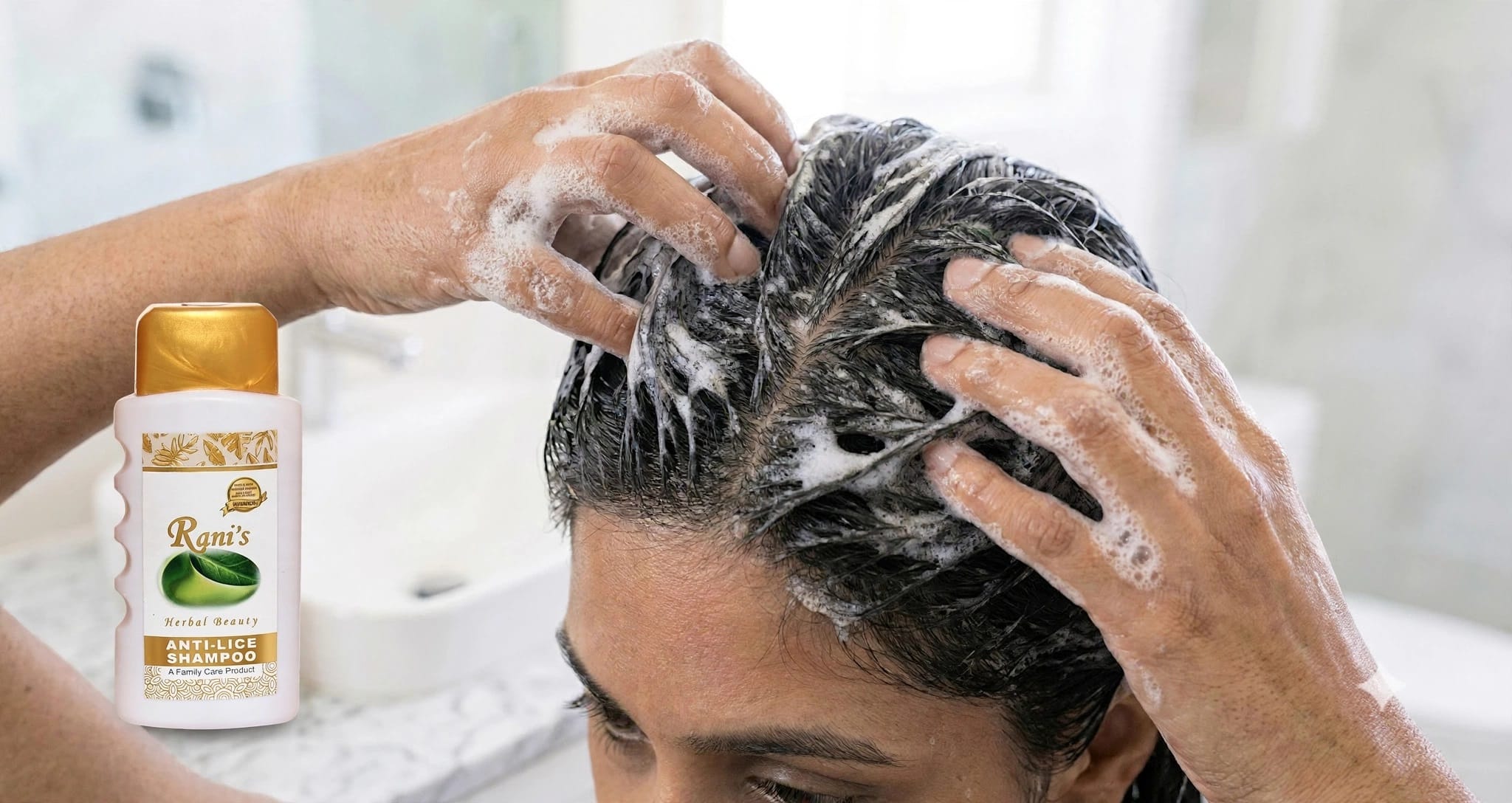 Rani's Herbal Anti-Lice Shampoo massaging into wet scalp